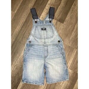 OshKosh 5T Denim Short Overalls Vestbak Carpenter Conductor Stripe Straps Unisex